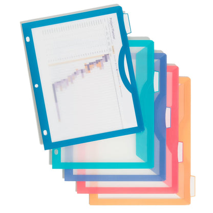 U Brands - Divisores de carpeta de tres anillos de polietileno de 5 pestañas con pestañas y bolsillos, vista clara, juego de 10, colores , divisores de bolsillo perforados de 3 agujeros