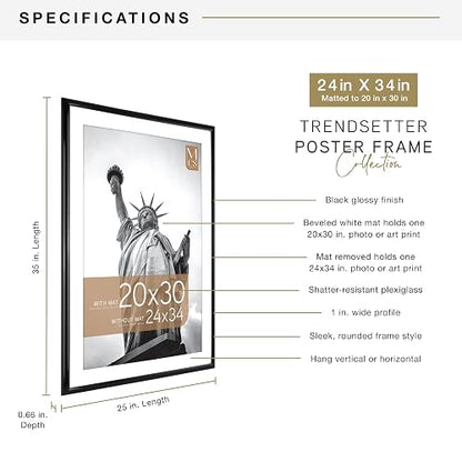 MCS Trendsetter - Marco de póster de 24 x 34 pulgadas, muestra imágenes de 20 x 30 pulgadas con alfombrilla o 24 x 34 pulgadas sin alfombrilla, marco de fotos grande vertical y horizontal para colgar
