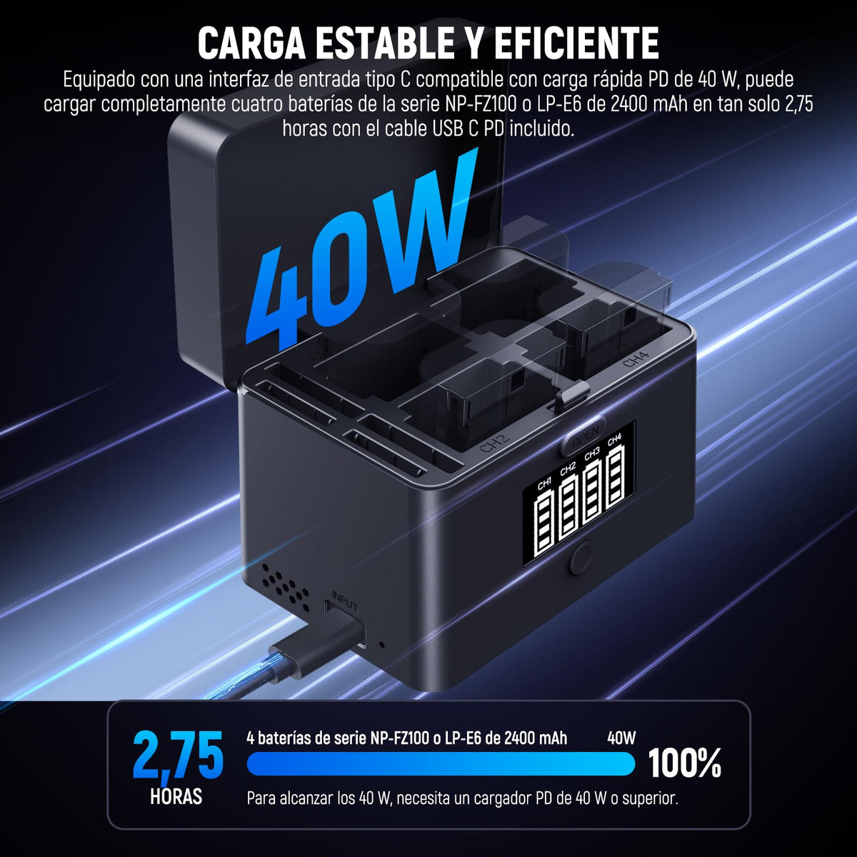 NEEWER 2 en 1 Cargador Batería USB 4 Canales para NP-FZ100 y LP-E6, Carga Rápida 40W, Fuente Alimentación Respaldo Plástico Compatible con Sony A6700 A7III FX3 FX30 A7IV Canon EOS R5 II, NW-ZP4