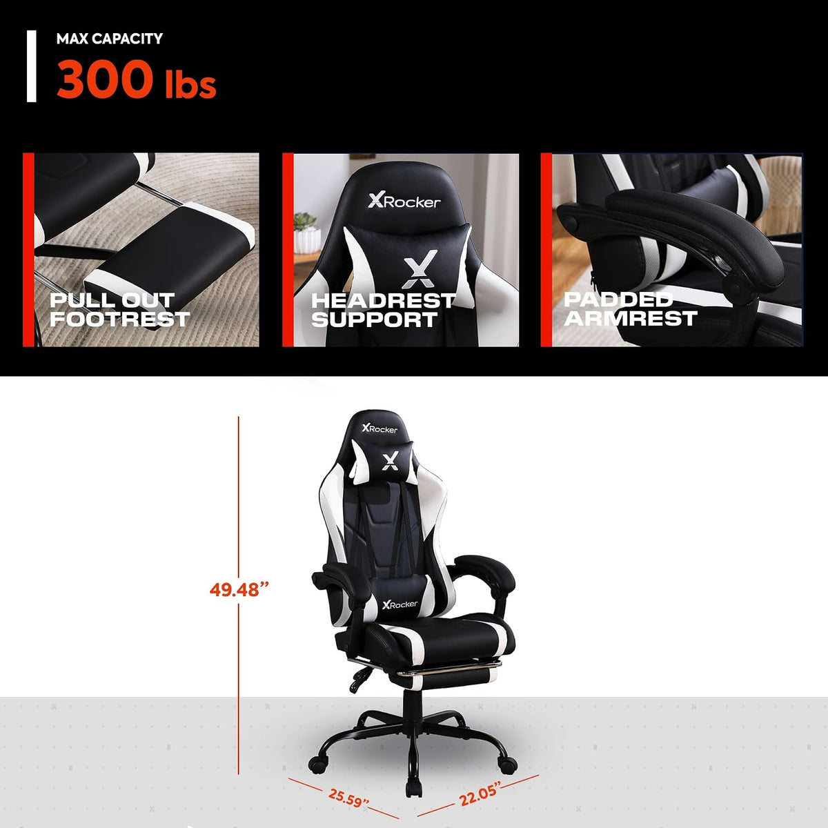 X Rocker Achiever - Silla de computadora ergonómica Ajustable para Videojuegos de computadora, con Ruedas, Color Blanco y Negro