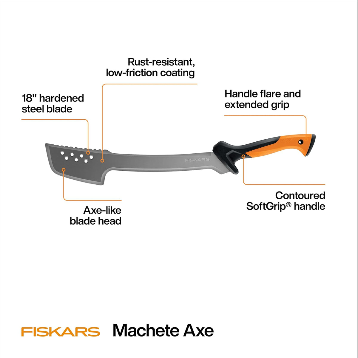 Fiskars Cuchillo Machete Bushcraft 18 Pulgadas | Paquete de 1, hoja acero endurecido, revestimiento resistente al óxido, mango texturizado, funda nylon