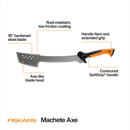 Fiskars Cuchillo Machete Bushcraft 18 Pulgadas | Paquete de 1, hoja acero endurecido, revestimiento resistente al óxido, mango texturizado, funda nylon