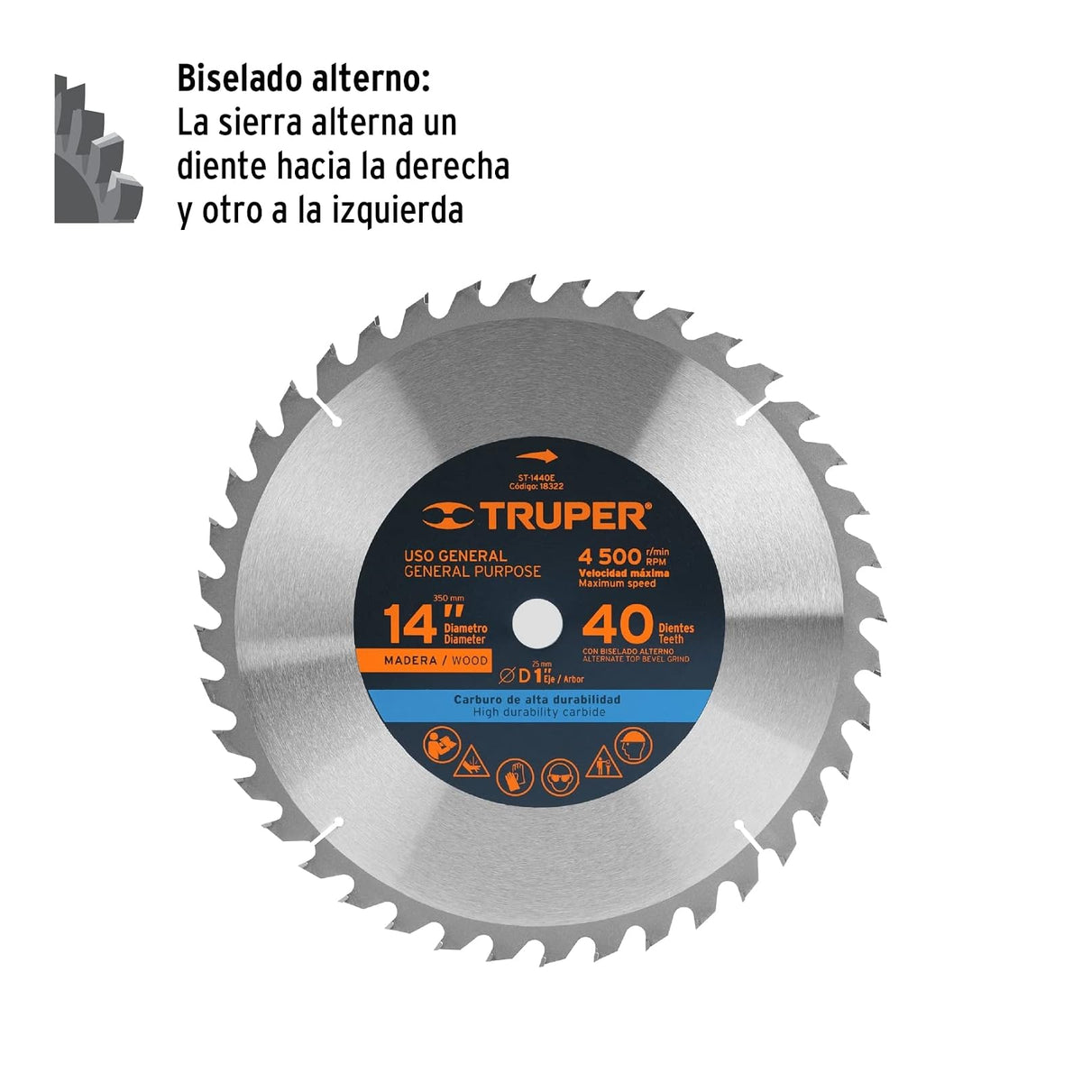 Truper ST-1440E, Disco sierra p/madera 14", 40 dientes, centro 1"