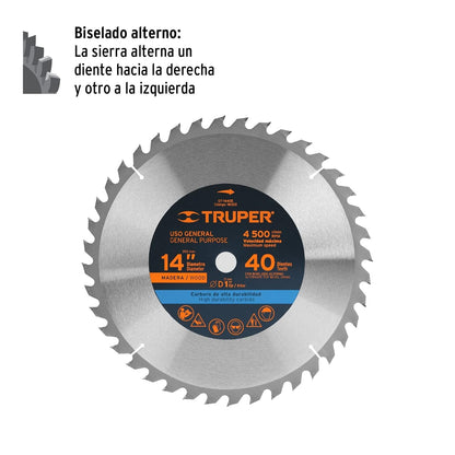 Truper ST-1440E, Disco sierra p/madera 14", 40 dientes, centro 1"