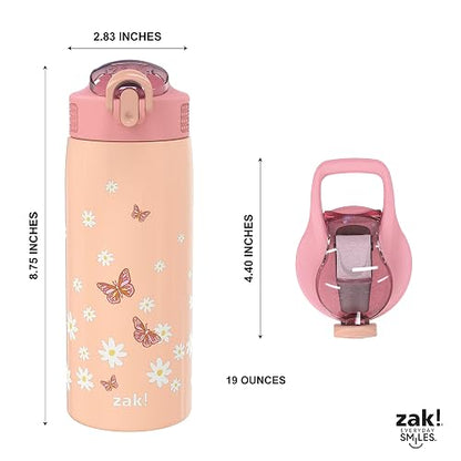 Zak Designs - Botella de agua para viajes y en casa, 19 onzas aislada al aspiradora de acero inoxidable con tapa de boquilla de bloqueo, bucle de transporte integrado, diseño a prueba de fugas