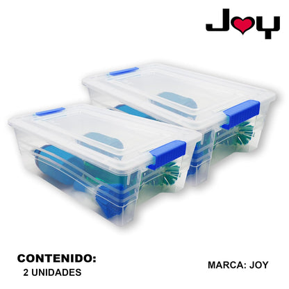 Joy – Caja de Almacenamiento 13 litros, Pack de 2, Perfecto para Organizar Ropa y Juguetes, con Broches de Seguridad, Plástico Libre de BPA, Transparente