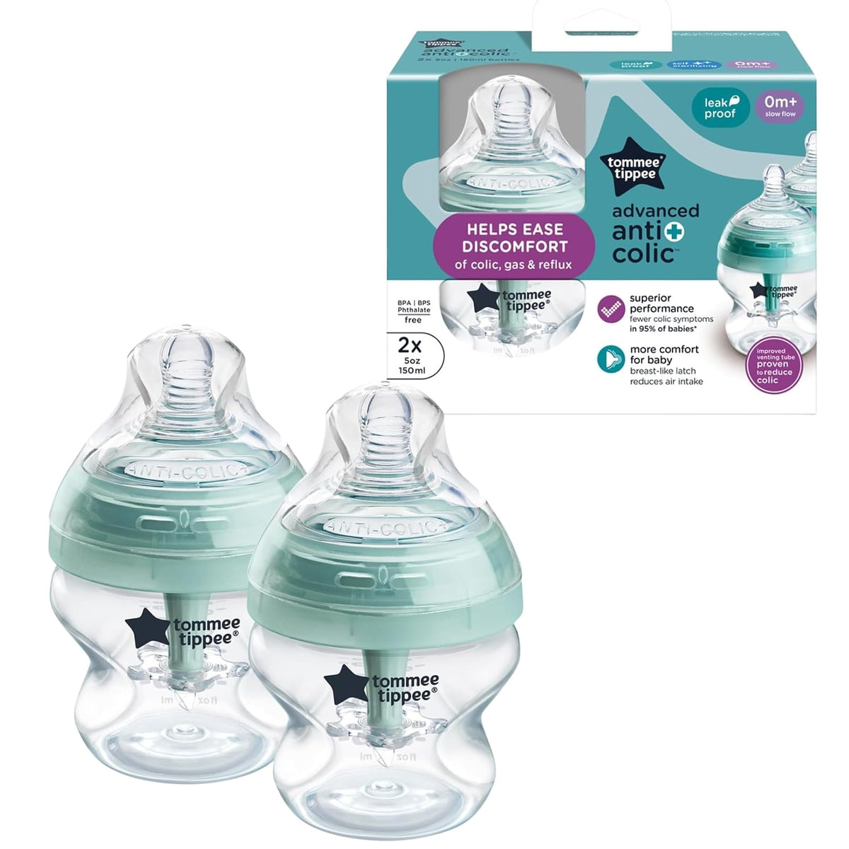 Tommee Tippee Biberones Advanced Anticólicos, Recién Nacido, 150ml/5oz | Paquete de 2, Tetina Flujo Lento Tipo Pecho, Diseño Único Aleja el Aire de la Leche, Transparente, Mamila Libre de BPA
