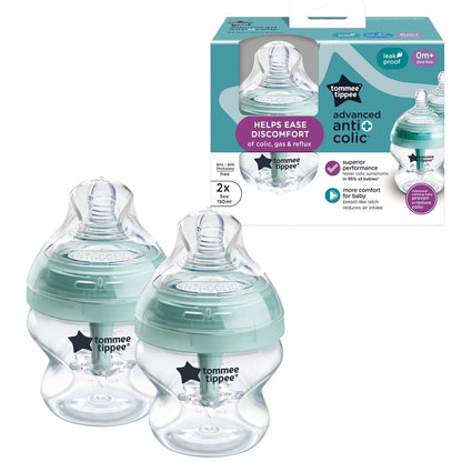 Tommee Tippee Biberones Advanced Anticólicos, Recién Nacido, 150ml/5oz | Paquete de 2, Tetina Flujo Lento Tipo Pecho, Diseño Único Aleja el Aire de la Leche, Transparente, Mamila Libre de BPA