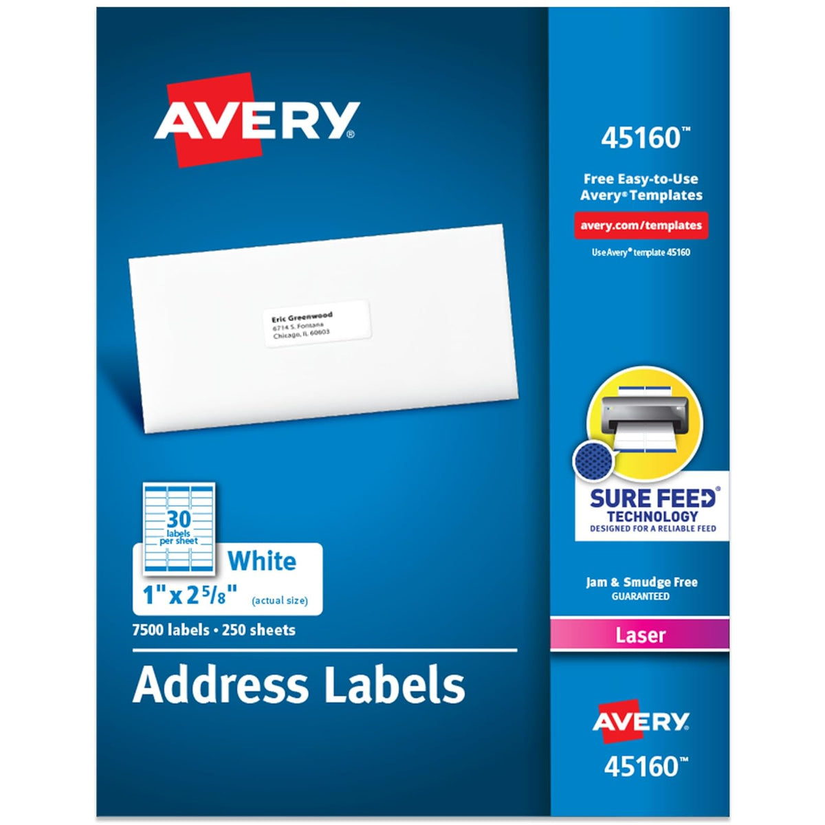 Avery Easy Peel Etiquetas de dirección imprimibles con alimentación segura, pegatinas personalizables de 1 x 2-5/8 pulgadas, blancas, 7.500 etiquetas de correo en blanco, ideales para correo, envío y