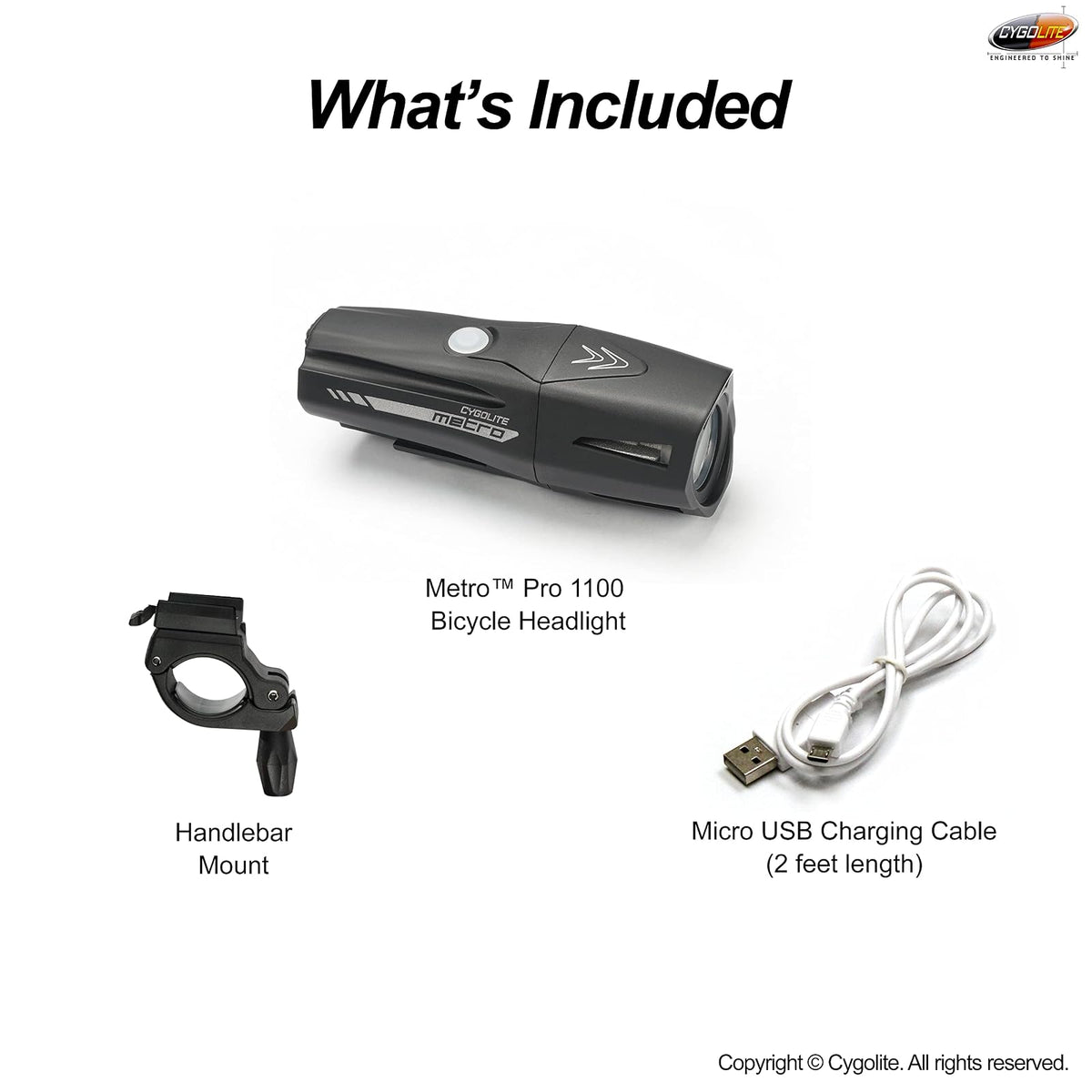 Cygo Lite Metro Pro - Luz de Bicicleta de 1.100 lúmenes, 9 Modos nocturnos y de día, Compacto y Duradero, Resistente al Agua, IP67, Soporte Duro Seguro, Faro Recargable USB, para Carretera, montaña,
