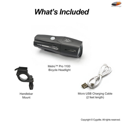 Cygo Lite Metro Pro - Luz de Bicicleta de 1.100 lúmenes, 9 Modos nocturnos y de día, Compacto y Duradero, Resistente al Agua, IP67, Soporte Duro Seguro, Faro Recargable USB, para Carretera, montaña,