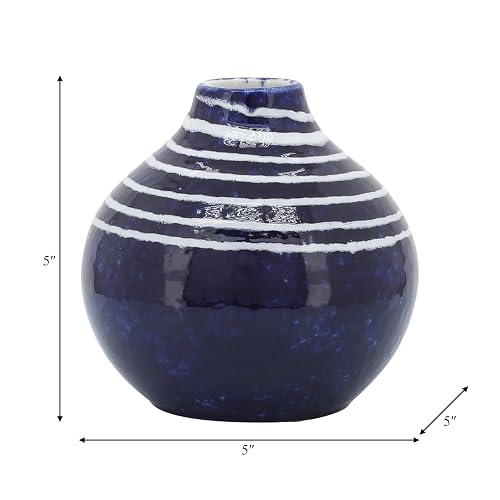 Sagebrook Home 5" Decorative Primeval Ceramic Vase - Contemporary Blue and White Flower Vase for Home, Office Decorative Accent - Easy Gift Idea