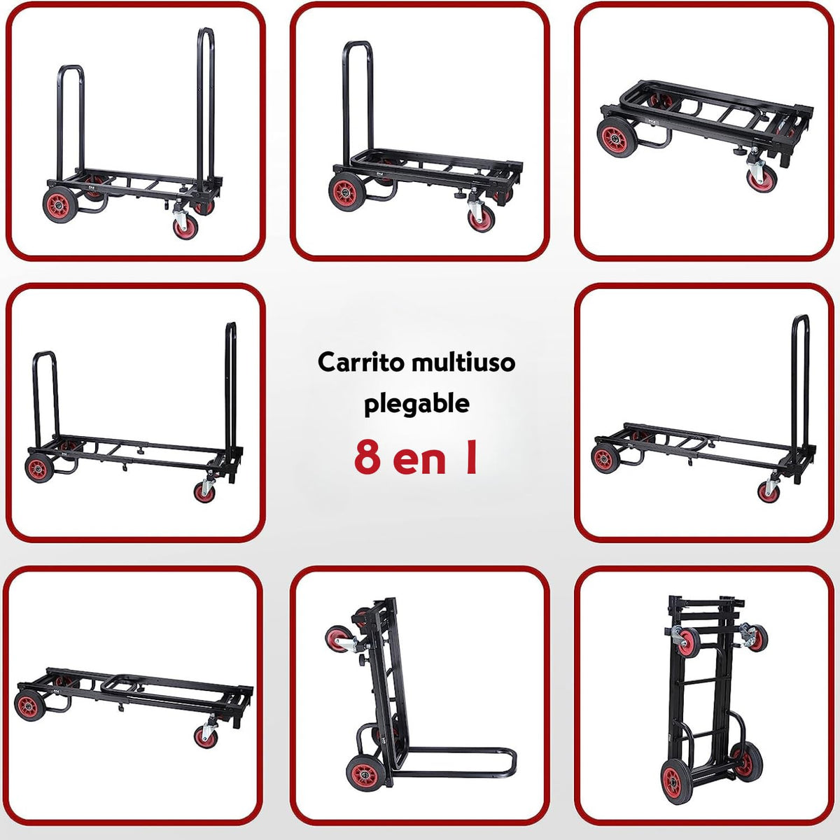 Pyle Carro de Mano 8 en 1 Ajustable Profesional, Capacidad de 150kg, Carro de Plataforma Plegable y Ligero, Ideal para Equipaje, Mudanzas, Almacenes y Envíos, Se Extiende de 64 cm a 101 cm