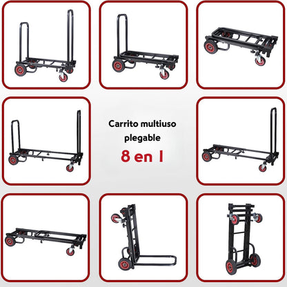 Pyle Carro de Mano 8 en 1 Ajustable Profesional, Capacidad de 150kg, Carro de Plataforma Plegable y Ligero, Ideal para Equipaje, Mudanzas, Almacenes y Envíos, Se Extiende de 64 cm a 101 cm