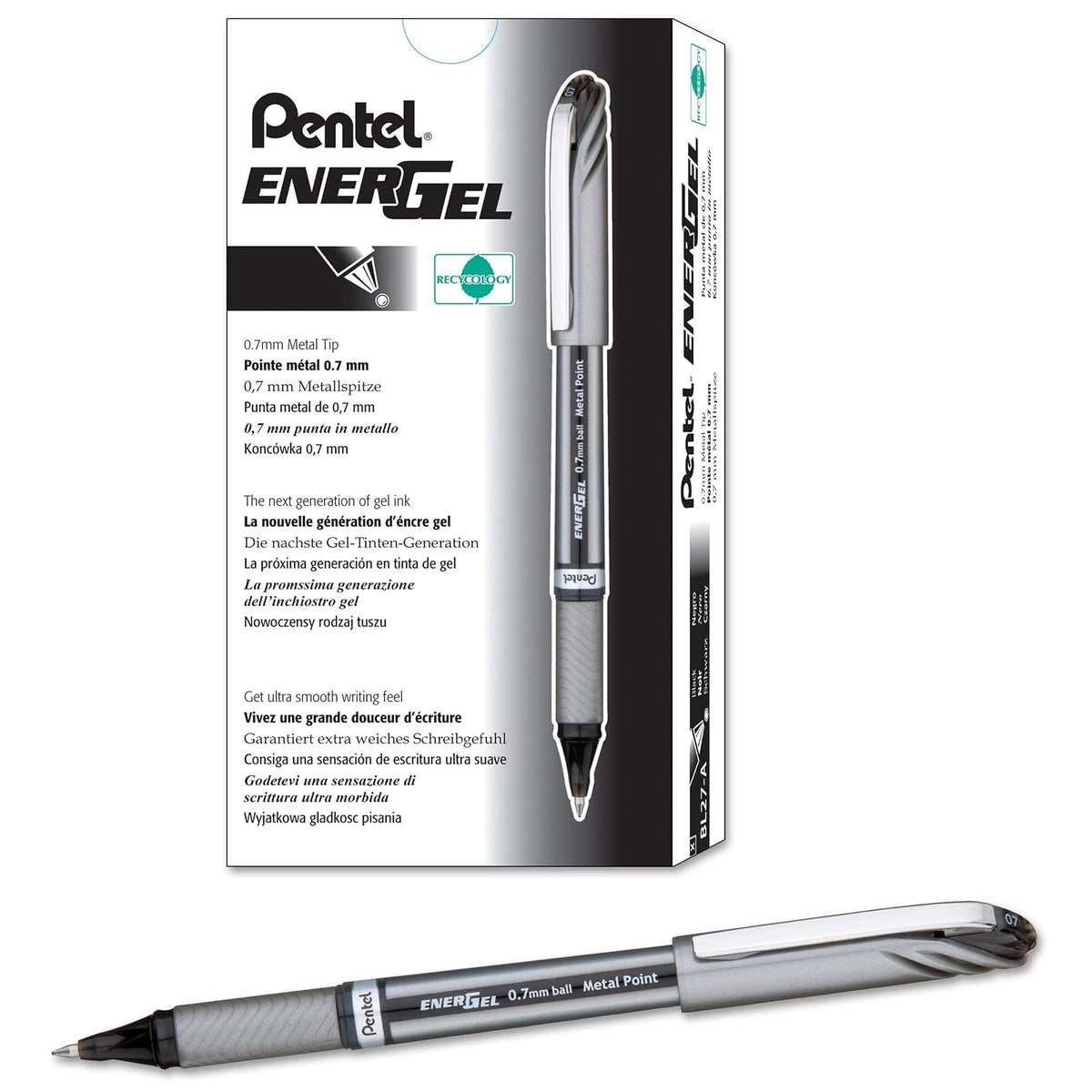 Pentel EnerGel NV - Bolígrafo de gel líquido, punta de metal 0.7 mm con tapa, tinta negra, caja de 12 (BL27-B)