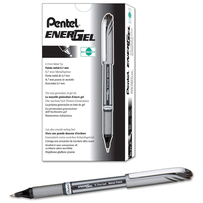 Pentel EnerGel NV - Bolígrafo de gel líquido, punta de metal 0.7 mm con tapa, tinta negra, caja de 12 (BL27-B)