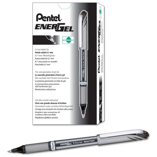Pentel EnerGel NV - Bolígrafo de gel líquido, punta de metal 0.7 mm con tapa, tinta negra, caja de 12 (BL27-B)