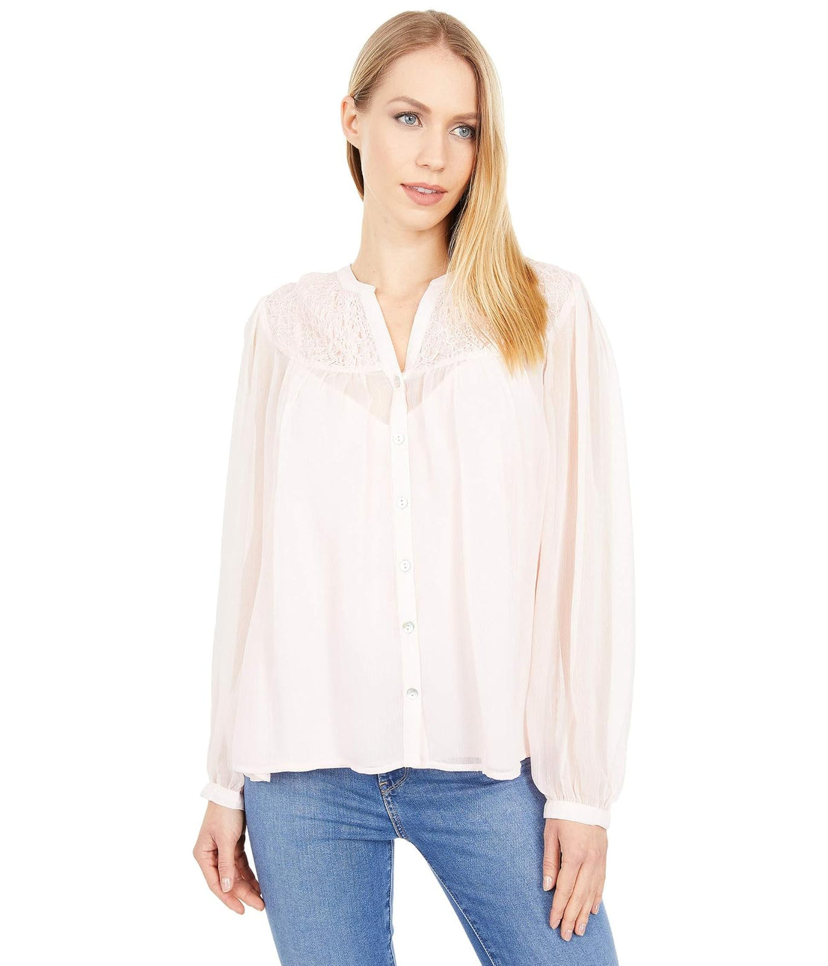 Lucky Brand Top Campesino con Botones y Mangas abombadas Camisa Abotonada para Mujer
