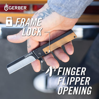 Gerber Quadrant Cuchillo de aleta de filo recto, con clip de bolsillo | Hoja de acero inoxidable, mango de bambú, clip de bolsillo, apertura abierta, transporte diario, cuchillo de supervivencia