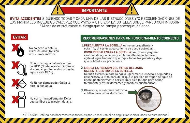 TRESSO Botella de Vidrio Doble Pared con Infusor para Tisana 250 ml, Color Dorada