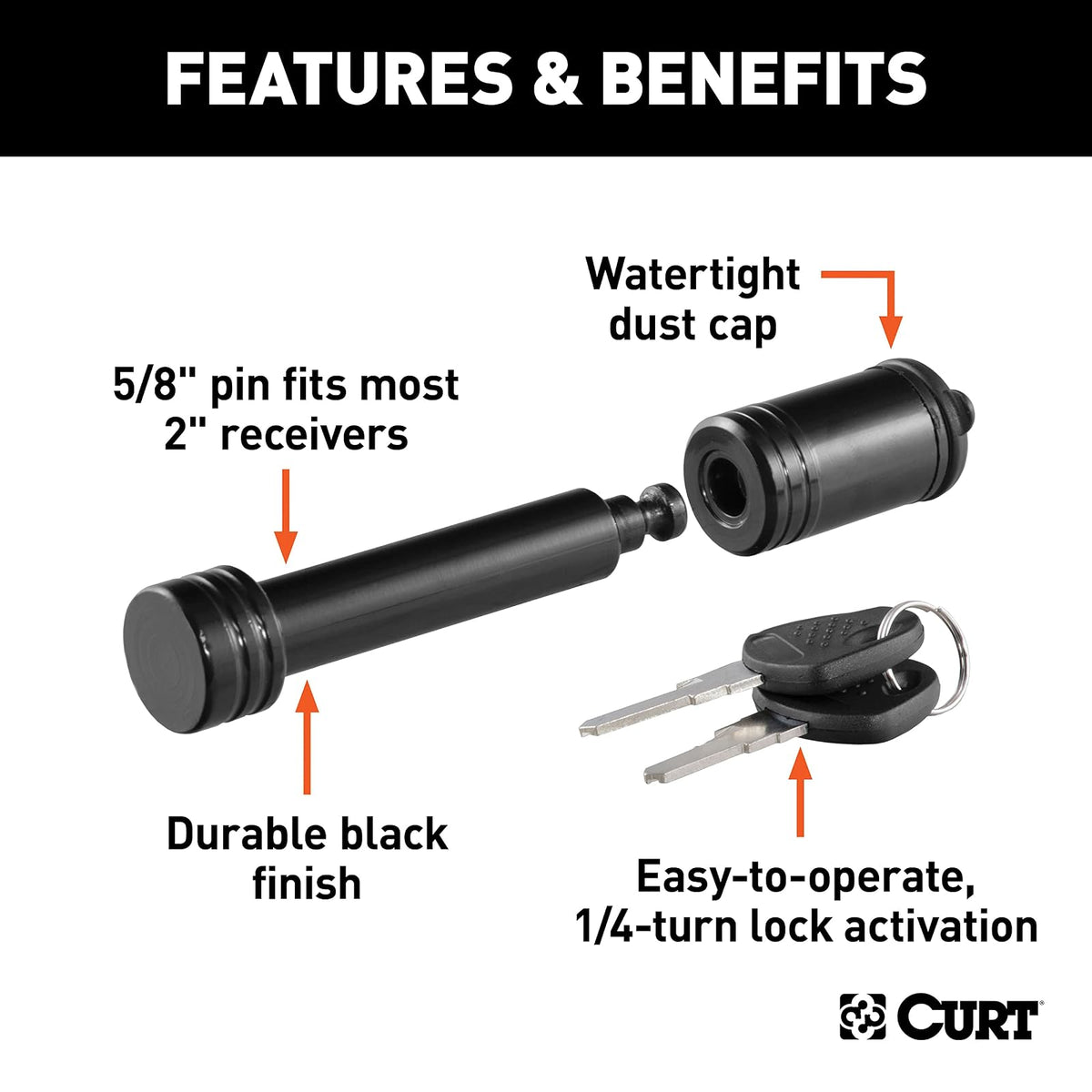 CURT 23518 Cerradura de enganche de remolque negra, diámetro de pin de 5/8 pulgadas, se adapta a receptor de 2 pulgadas