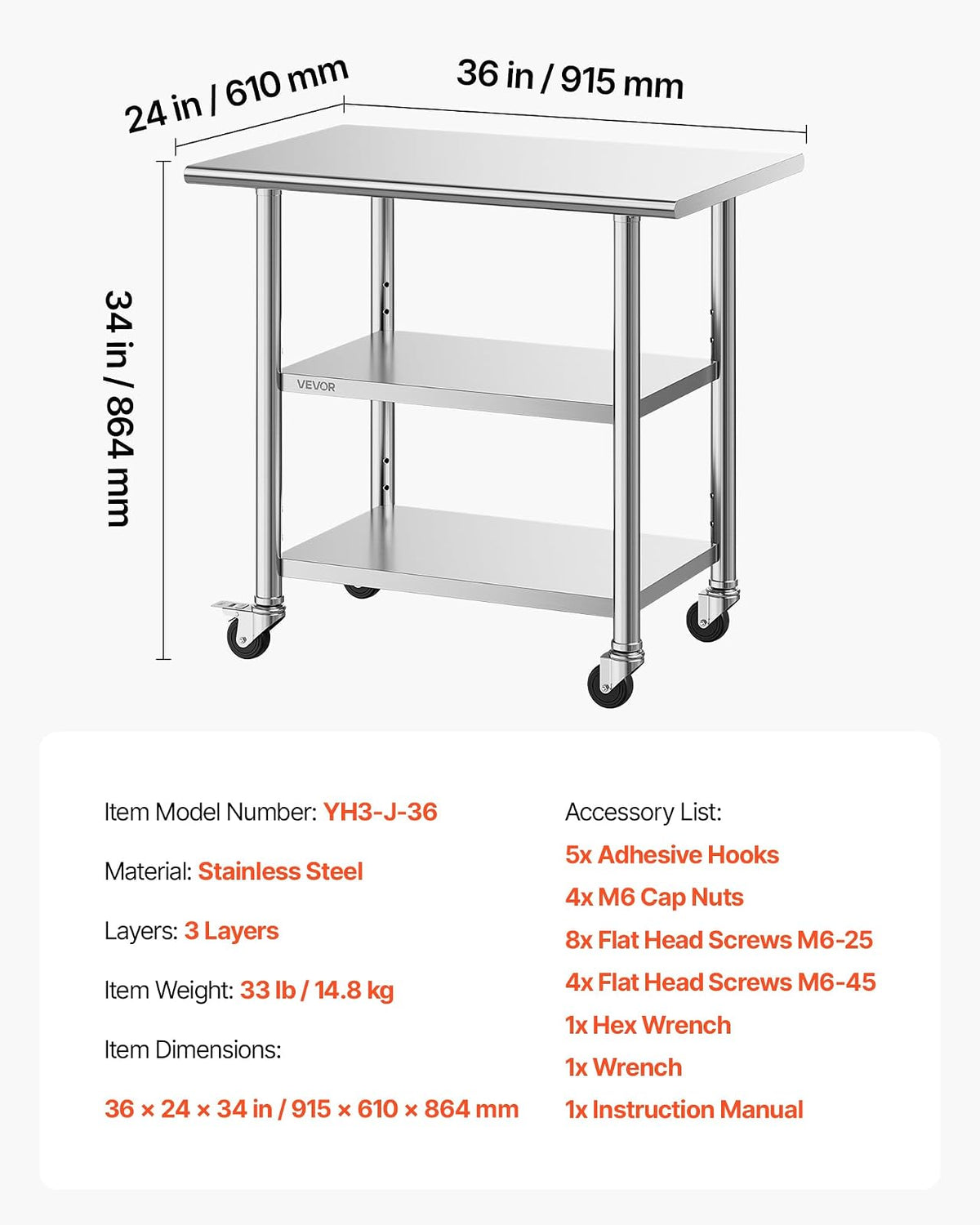 VEVOR Mesa de Preparación con Ruedas 91,5 x 61 x 86,4 cm, Mesa de Trabajo de Acero Inoxidable 3 Niveles, con Estante Ajustable, Bordes Redondeados, para Restaurantes, Hoteles, Cocinas, Garajes