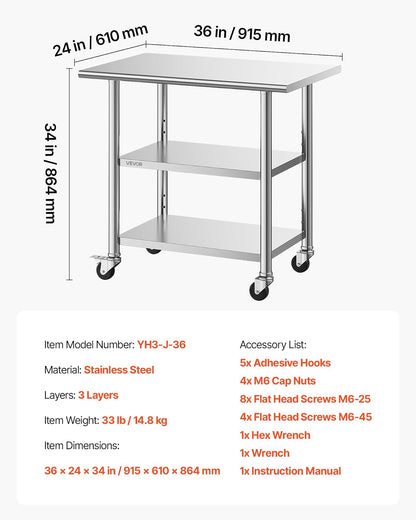 VEVOR Mesa de Preparación con Ruedas 91,5 x 61 x 86,4 cm, Mesa de Trabajo de Acero Inoxidable 3 Niveles, con Estante Ajustable, Bordes Redondeados, para Restaurantes, Hoteles, Cocinas, Garajes
