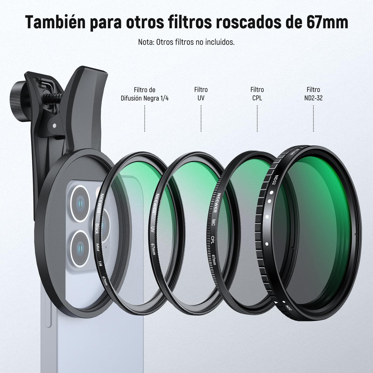 NEEWER 2 en 1 67mm Clip On CPL & Filtro Difusor Negro 1/4 Compatible con iPhone 16, 15, Pro MAX Plus, 16e, 14, 13, Mini y 12, Kit Accesorios Fotografía Lentes Cámara Polarizadoras Circulares, FL-B35.
