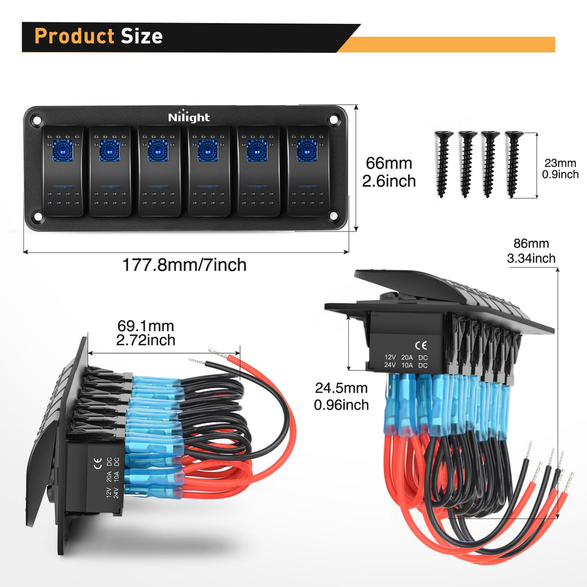 Nilight-90111F - Panel de interruptor de aluminio de 6 bandas, interruptor de 5 pines, interruptor precableado, interruptor retroiluminado azul para automóvil, automóvil, barco, RV, 2 años de garantía
