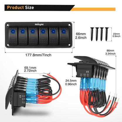 Nilight-90111F - Panel de interruptor de aluminio de 6 bandas, interruptor de 5 pines, interruptor precableado, interruptor retroiluminado azul para automóvil, automóvil, barco, RV, 2 años de garantía