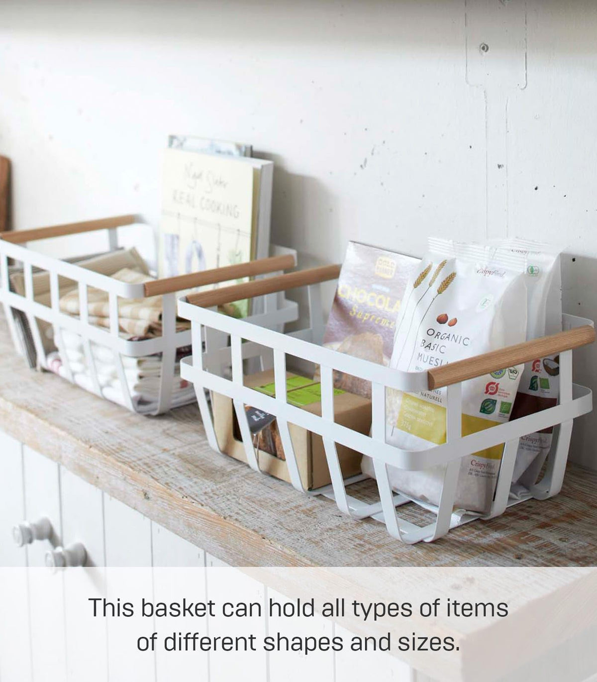 YAMAZAKI Home 2507 Organizador de cesta de almacenamiento con doble asa, talla única, color blanco