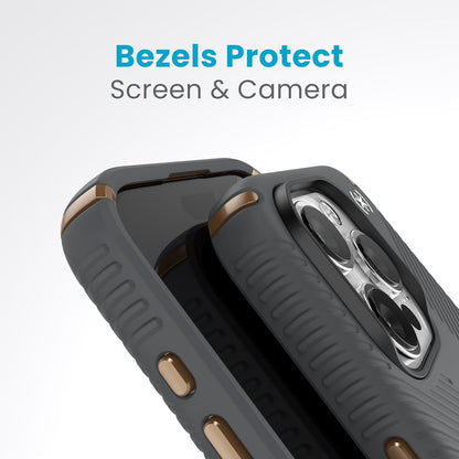 Speck - Funda para iPhone 15 Pro ClickLock con bloqueo antideslizante, construida para MagSafe, agarre de protección contra caídas, resistente a los arañazos, tacto suave, funda para teléfono de 6.1 pulgadas, agarre Presidio2 gris carbón/bronce frío/blanc