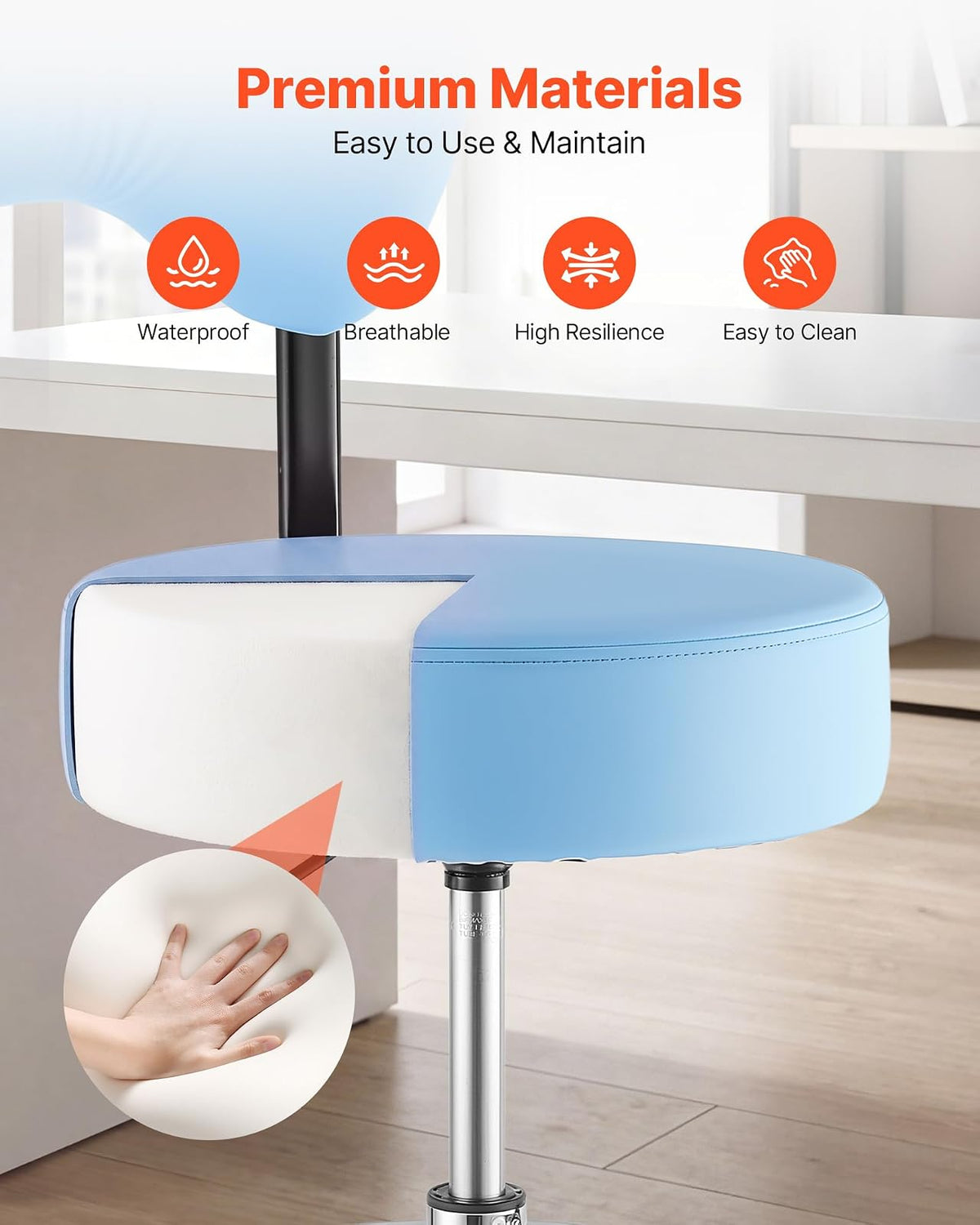 VEVOR Taburete Giratorio de Trabajo, Taburete con Ruedas Respaldo y Reposapiés, Altura Ajustable de 54-70 cm, Soporta 226,8 kg, Asiento Ergonómico Acolchado y Tapizado, para Oficina Clínica, Azul