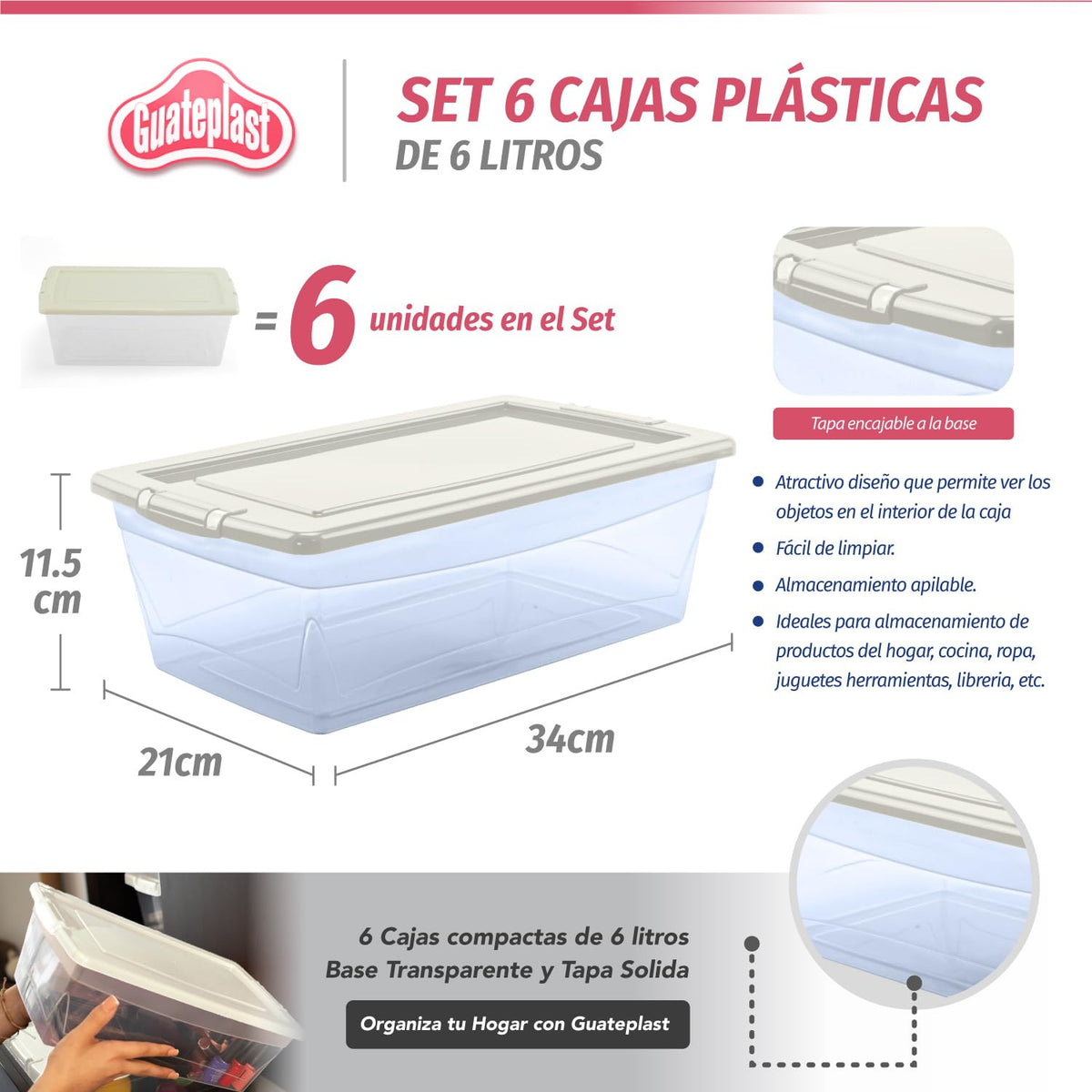 Guateplast Contenedores de Almacenamiento de Plástico 6Qt | Juego de 6 contenedores, 6 litros, color marfil, con tapa, apilables