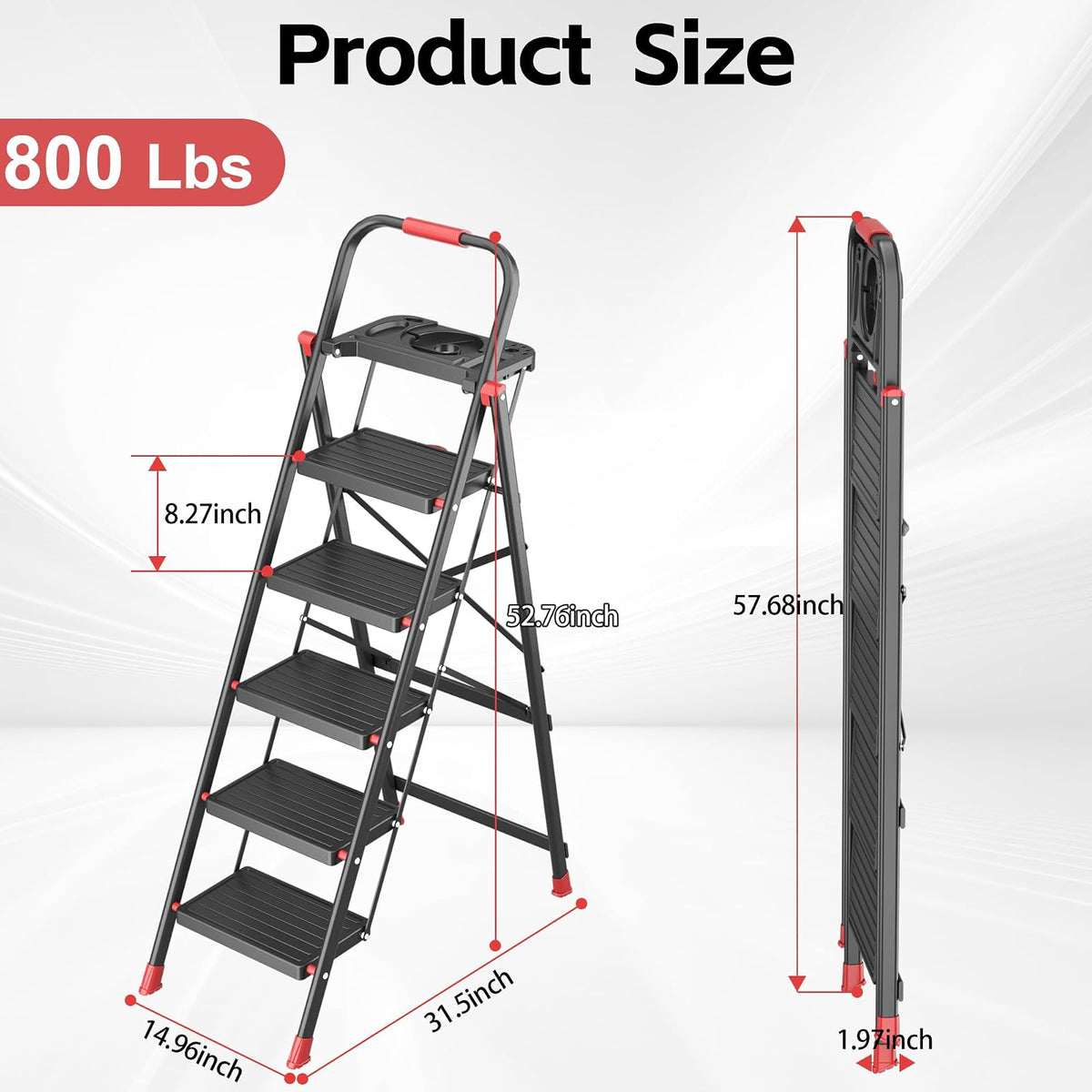 Escalera plegable de 5 escalones con bandeja de herramientas multifuncional, escaleras de plataforma, taburetes, taburete plegable de 5 escalones con pedales antideslizantes, capacidad de carga de 800