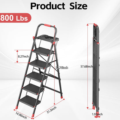 Escalera plegable de 5 escalones con bandeja de herramientas multifuncional, escaleras de plataforma, taburetes, taburete plegable de 5 escalones con pedales antideslizantes, capacidad de carga de 800