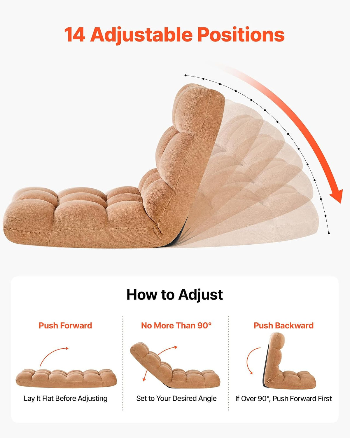 VEVOR Sillón de Suelo Relax, Sillón Reclinable con Respaldo Ajustable en 14 Posiciones, Acolchado de Espuma y Tapizado de Forro Polar Coral, para Lectura Descanso Sala de Estar Dormitorio, Marrón