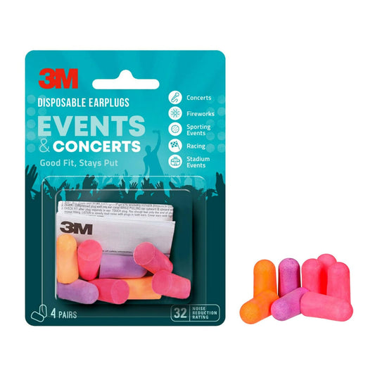Tapones desechables 3M para eventos y conciertos, 4 pares (8 enchufes totales), clasificación de reducción de ruido (NRR) 32 dB, buen ajuste, se mantiene en su lugar, diseño de tapón de oreja suave y