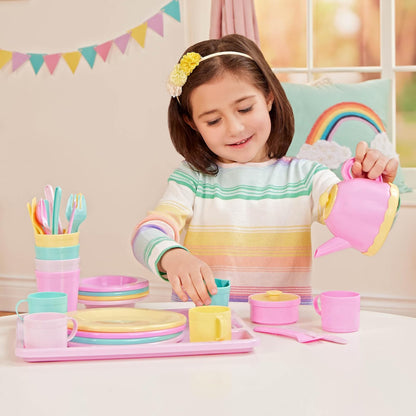 Battat Dishes Wishes, vajilla de Juguete con Tetera y Bandeja | Vajilla infantil Set de 34 piezas con tetera, azucarera, cremera, tazas, vasos, platos, cuencos y cubiertos, 3 años y +