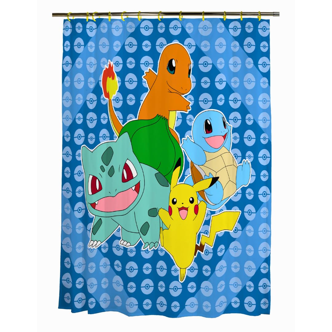 Franco Pokemon Anime - Juego de 13 Piezas de Cortina de Ducha y Anillo (Producto 100% con Licencia Oficial) - 182.9An x 182.9Al cm (13 Paneles) - Pokemon