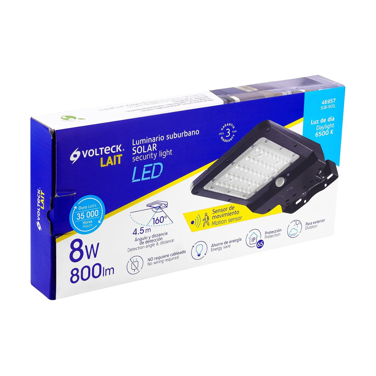 Volteck SUB-901L, Luminario suburbano LED 8 W con panel solar, luz blanca fría 6500K, IP 65, color negro