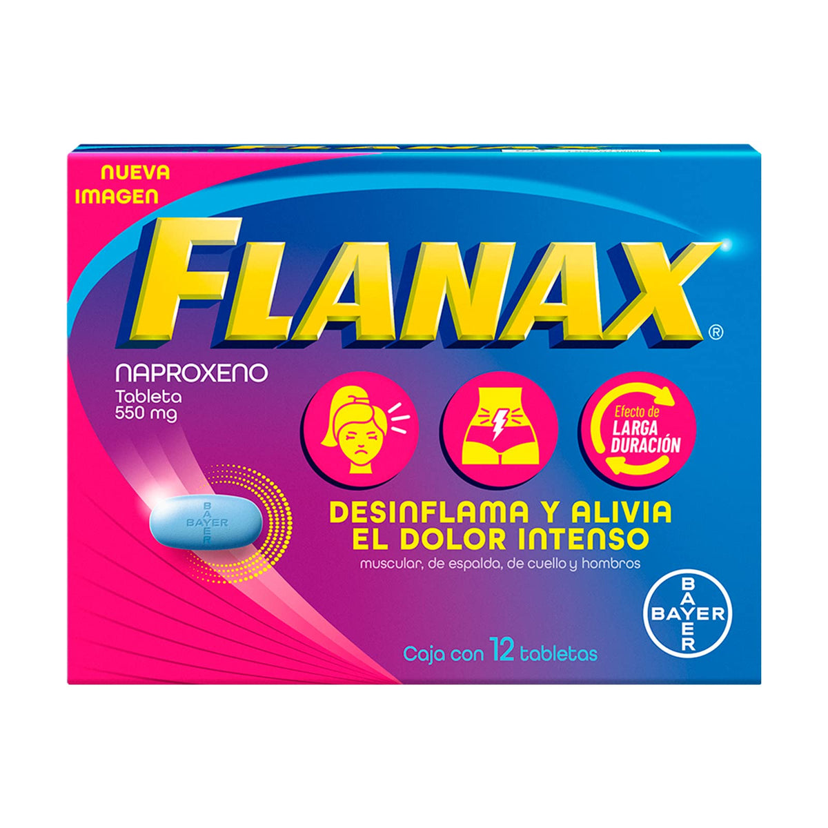 Flanax Naproxeno 550mg, Analgésico para Cólicos Menstruales, Desinflama y Alivia el Dolor Intenso, 12 Tabletas
