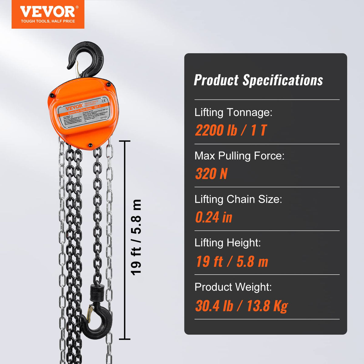VEVOR Polipasto de Cadena Manual, Polipasto de Polea Resistente con Cadena Galvanizada G80 Mejorada, Altura de Elevación de 6 m Carga de 1 T para Garaje, Almacén y Maquinaria Automotriz, Naranja