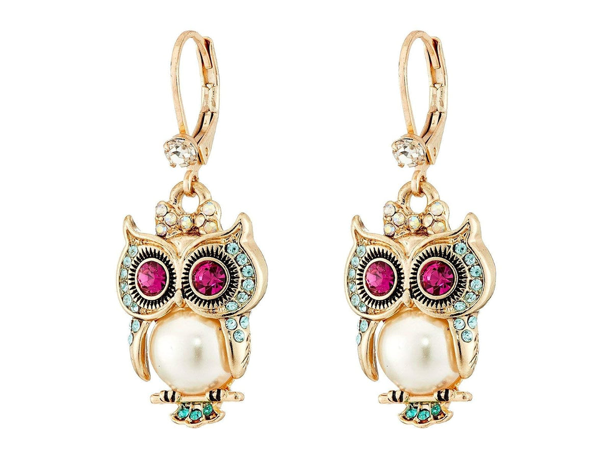 Betsey Johnson Pearl Critters Owl Drop Earrings