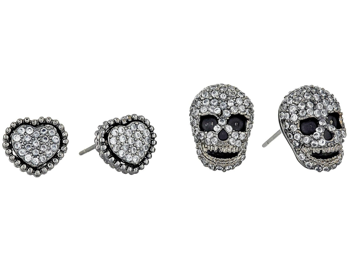 Betsey Johnson CZ Pave Heart & Skull Duo Juego de pendientes de tuerca