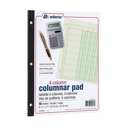 Adams Columnar - Almohadilla de análisis, libro mayor de 4 columnas, 8.5 x 11 pulgadas, 100 páginas (50 hojas), verde, perforador de 3 agujeros, para contabilidad, contabilidad y datos (ACP85114)