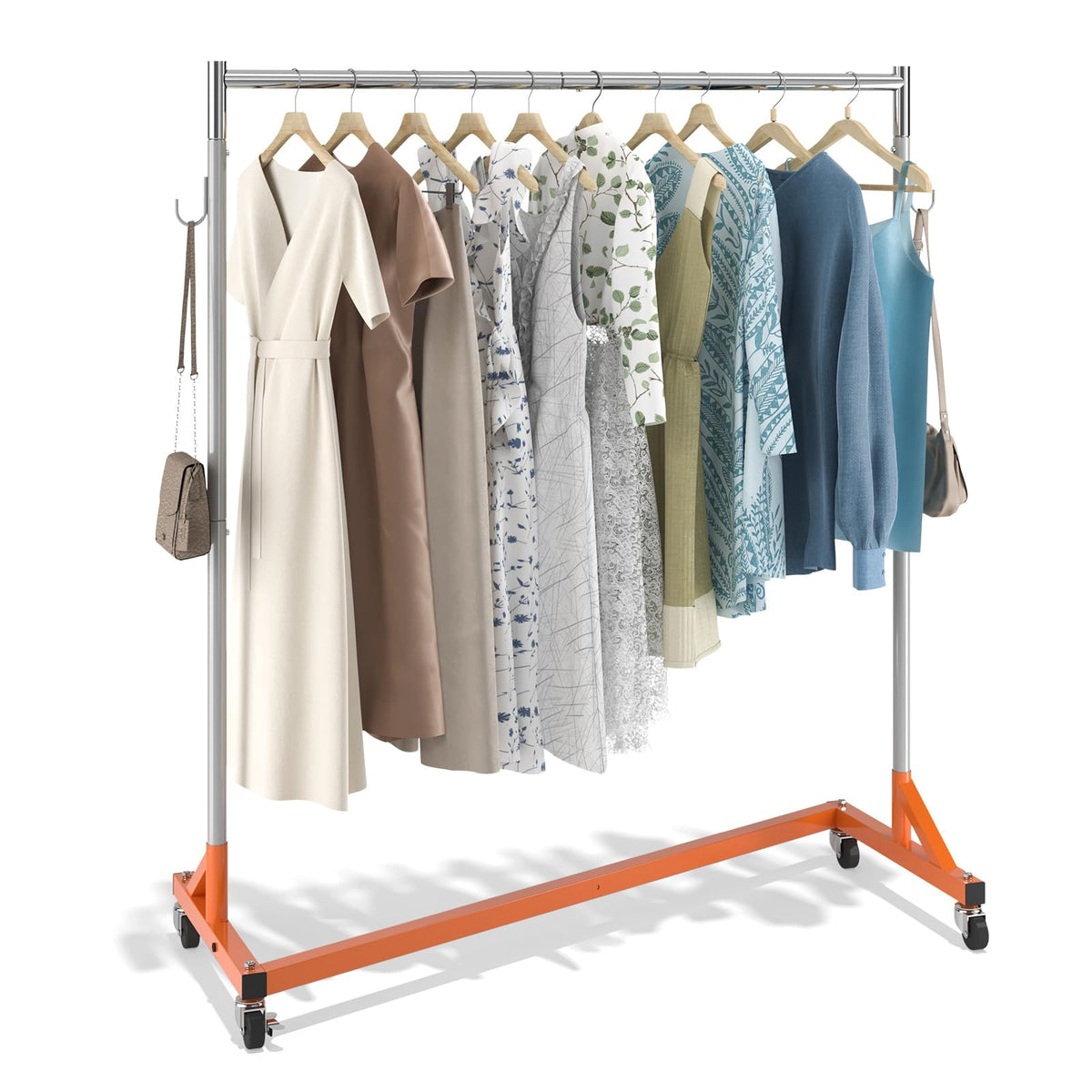VEVOR Perchero Burro para Ropa en Z 60 x 159 x 180 cm Perchero Resistente con 4 Ruedas, Acero Inoxidable, Capacidad de 80 kg, Perchero Comercial con Base en Forma de Z con 2 Ganchos, Color Naranja