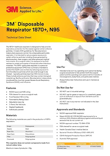 3M Aura 1870+ Mascarilla Paquete de 20 | Certificado NIOSH, desechable, resistente a fluidos, plegado plano