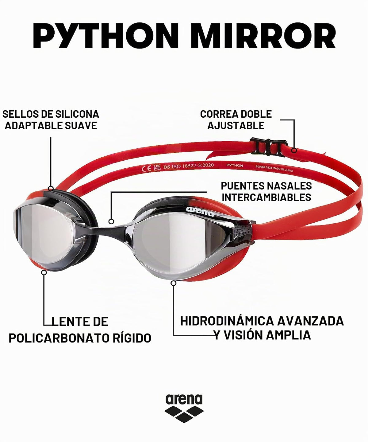 ARENA Unisex Python Racing Swim Goggles for Men and Women Anti-Fog No Leak Max Comfort Dual Strap, Mirror/Non-Mirror Lens