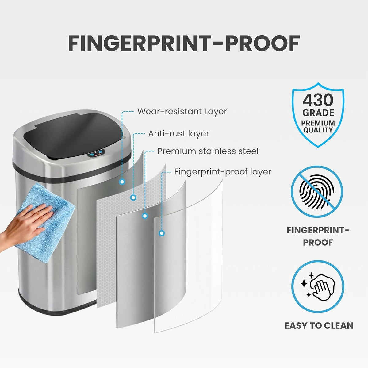 iTouchless Papelera de Cocina con Sensor de 13 Galones | Tapa automática, filtro de olor, acero inoxidable, ovalado, uso en hogar y oficina